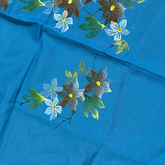 Vintage Blue Floral Polyester Scarf Hand-Painted, Made in Italy - Picture 6 of 9